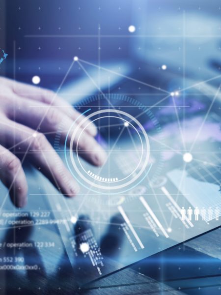 Man with futuristic digital tablet on a project Man working on a project using futuristic digital tablet